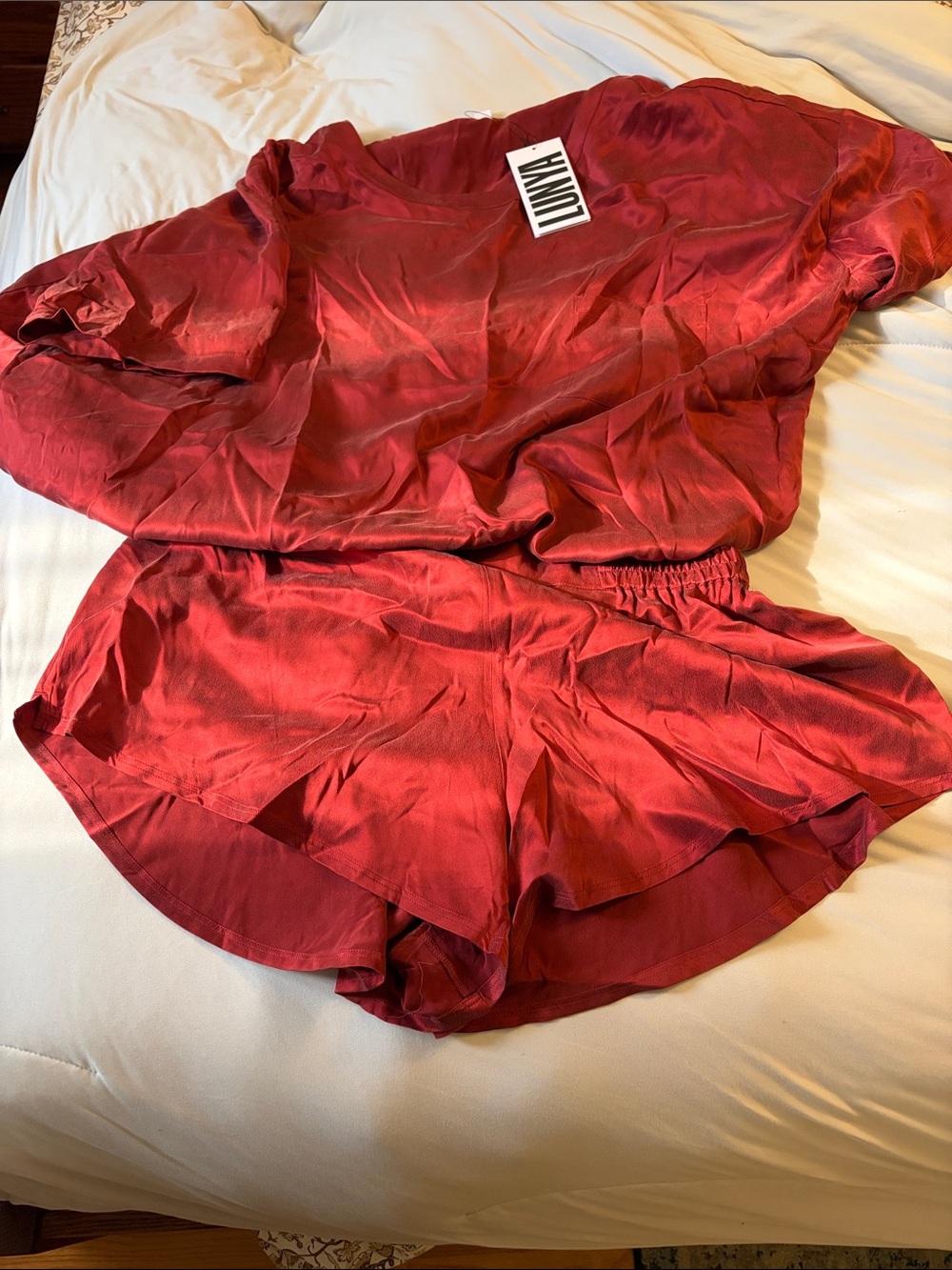lunya red silk lounge set with shorts